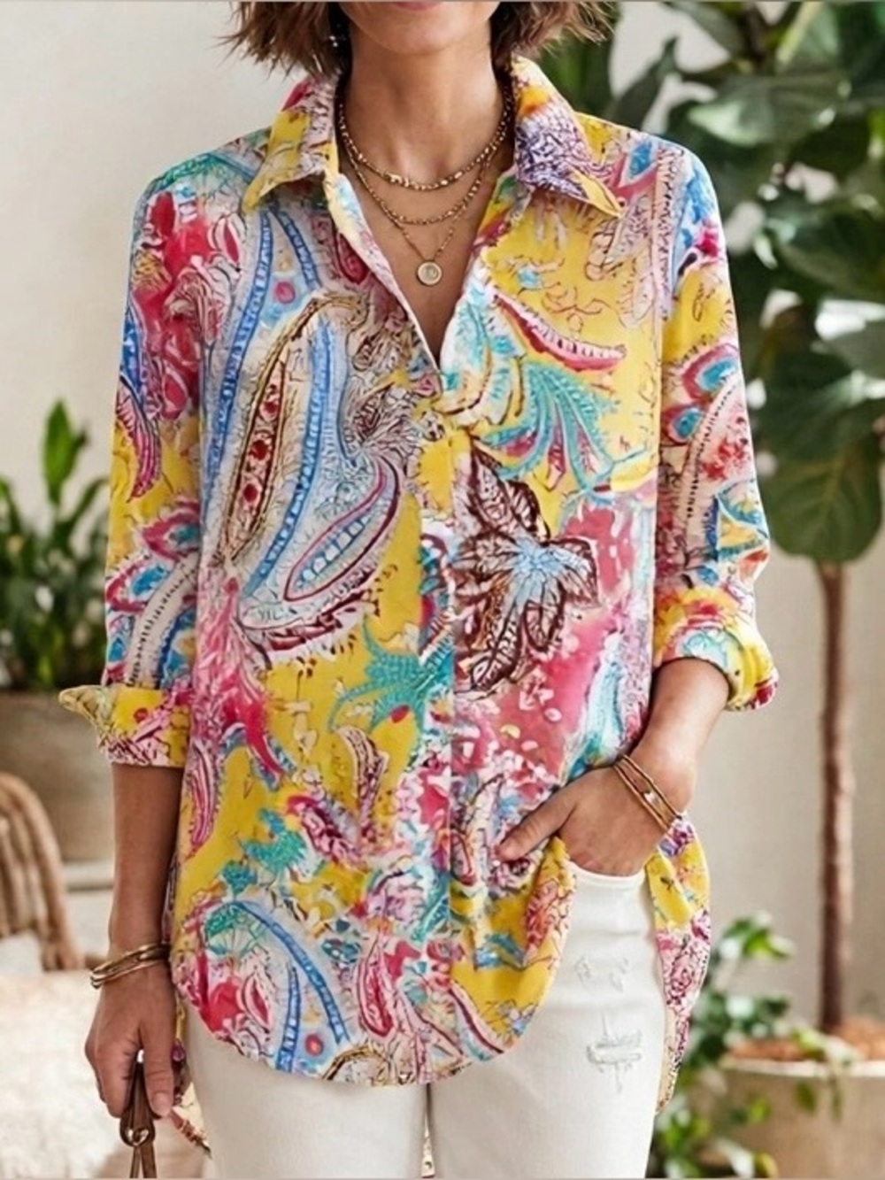 Lauren Ralph Lauren 1X Yellow Paisley Cotton Button Down Shirt